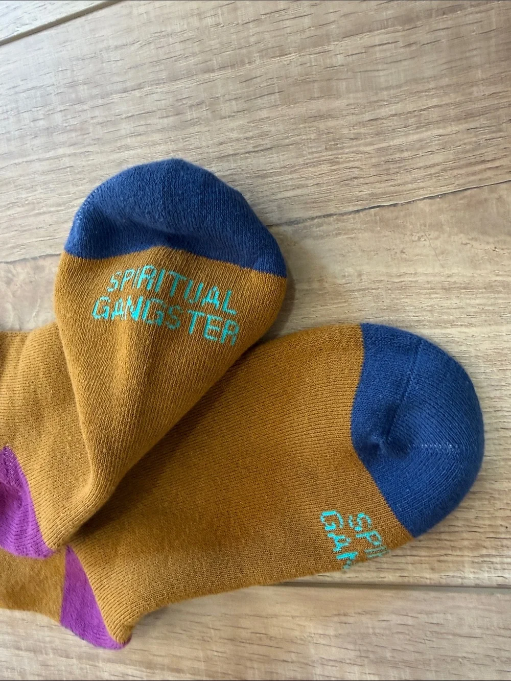 Spiritual Gangster Mustard Crew Socks with Purple Stripes and Navy Toe